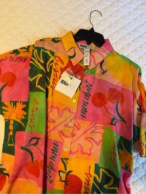 Beach Riot Tropical Colorblock Button-Up Shirt in Pink, Green & Yellow